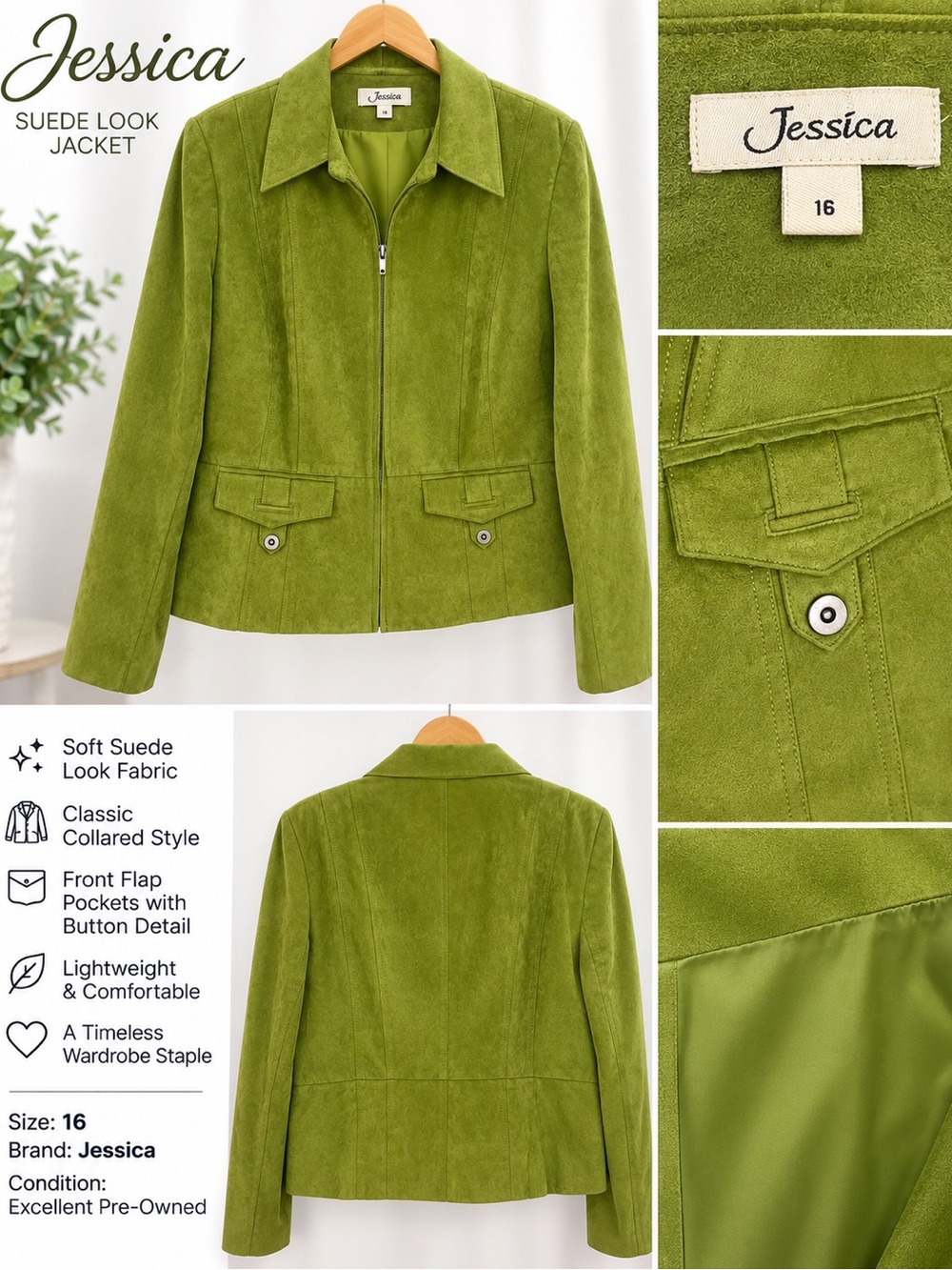 Jessica Olive Green Suede-Look Zip Front Jacket